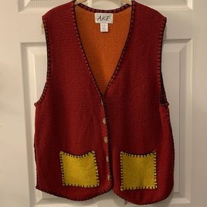 ALF VINTAGE SWEATER VEST COLOR BLOCK RUST/SIENNA SZ M RAMIE/COTTON BLANKET STITC